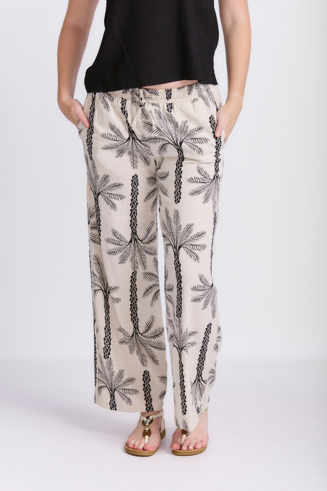 RELAXED STRAIGHT LEG LINEN PRINTED PANTS