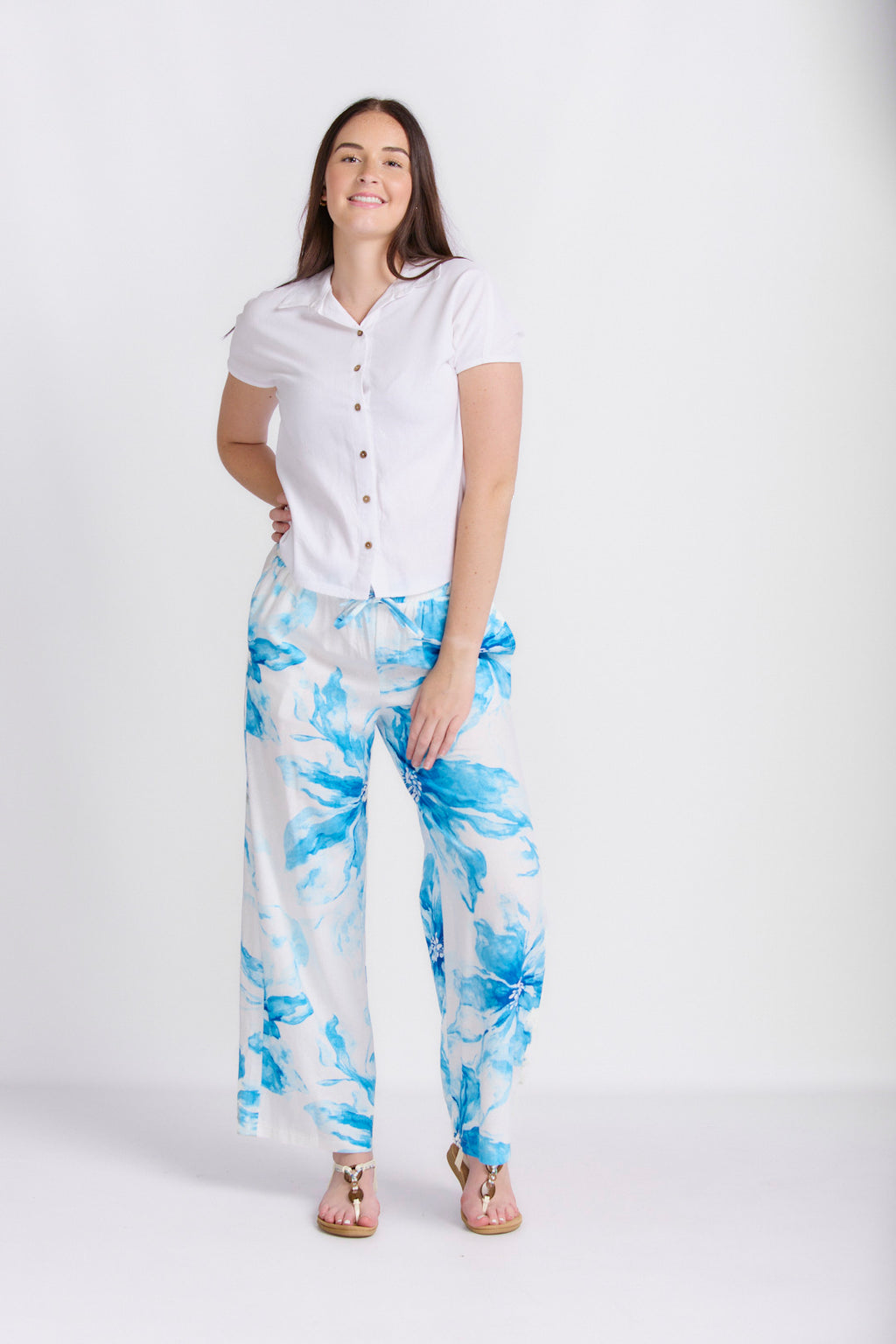 RELAXED STRAIGHT LEG LINEN PRINTED PANTS