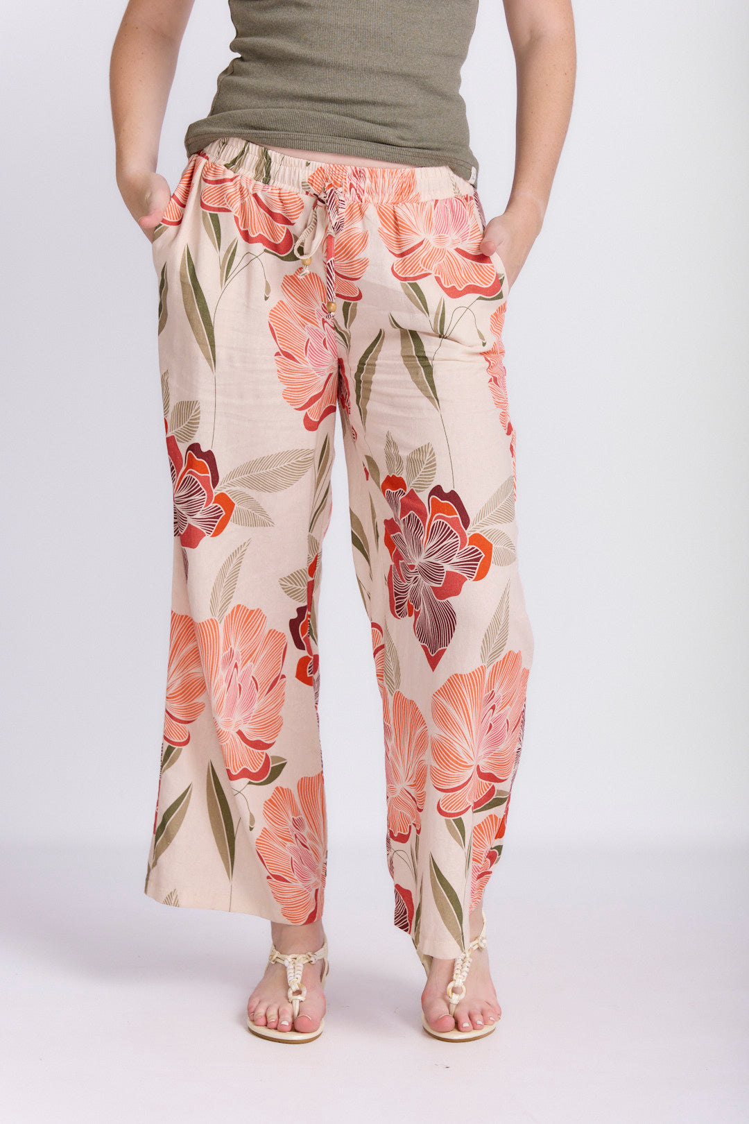 RELAXED STRAIGHT LEG LINEN PRINTED PANTS