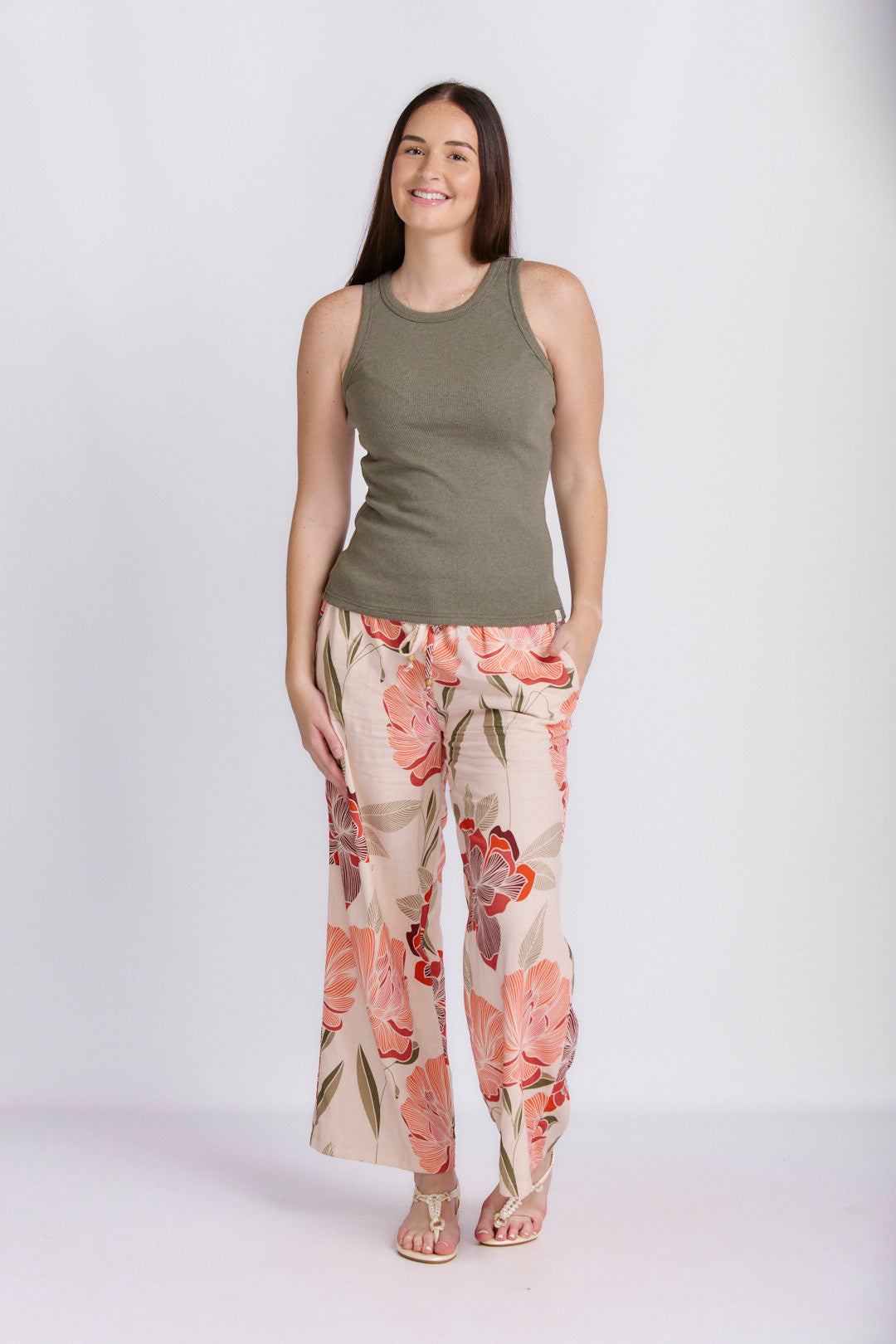 RELAXED STRAIGHT LEG LINEN PRINTED PANTS