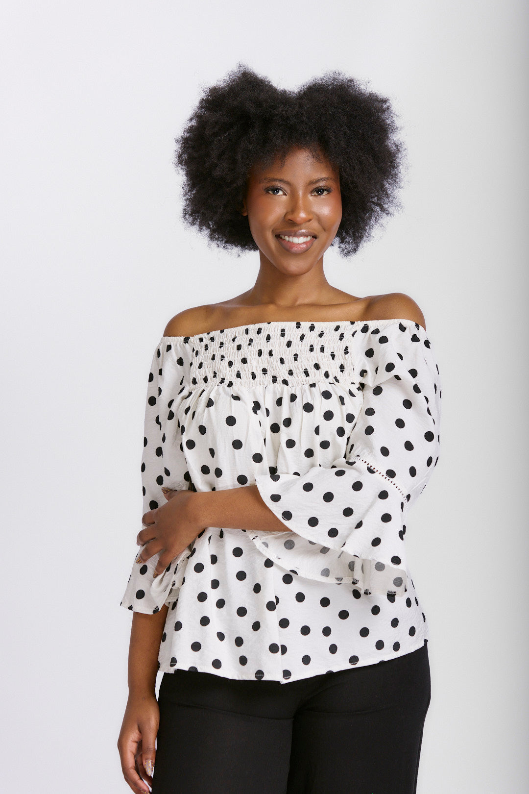 OFF THE SHOULDER SHIRRED TOP