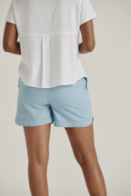 CURVED HEM CHAMBRAY SHORTS