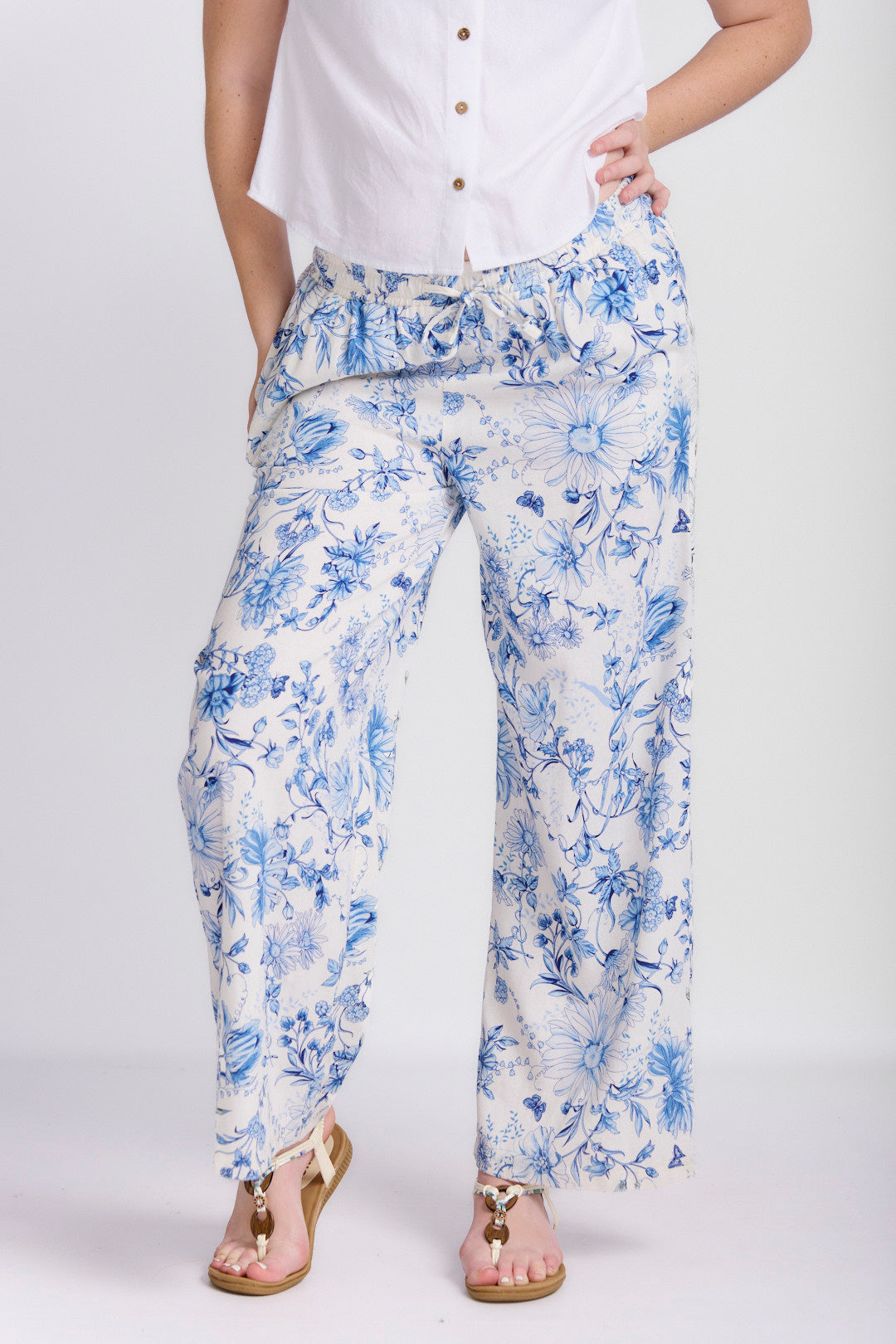 RELAXED STRAIGHT LEG LINEN PRINTED PANTS