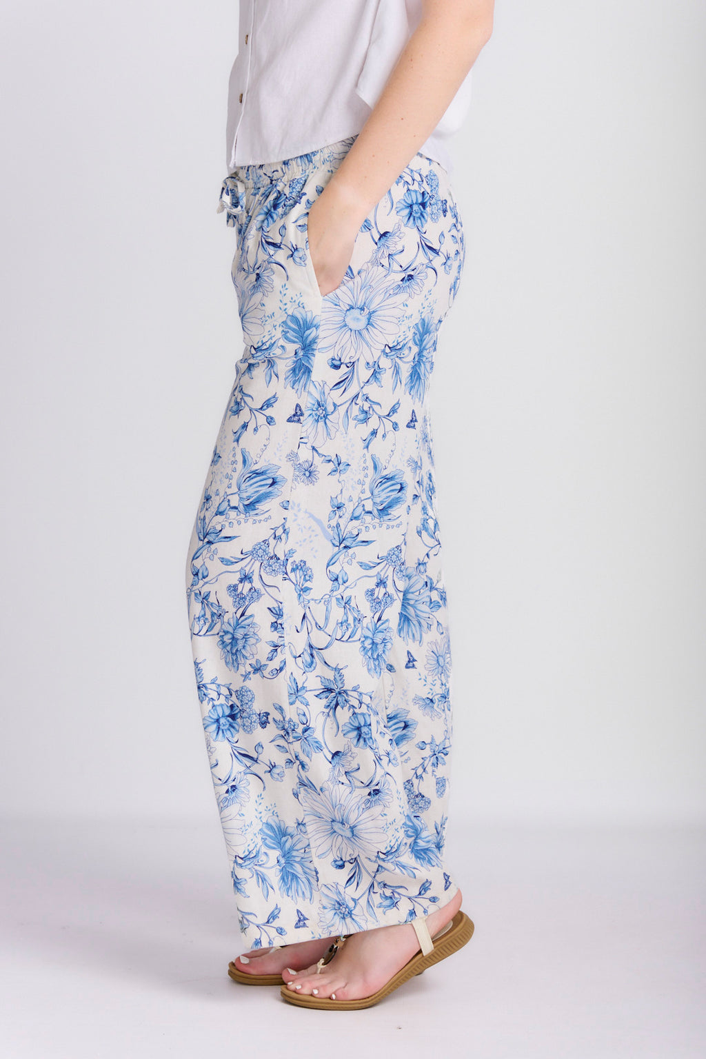 RELAXED STRAIGHT LEG LINEN PRINTED PANTS