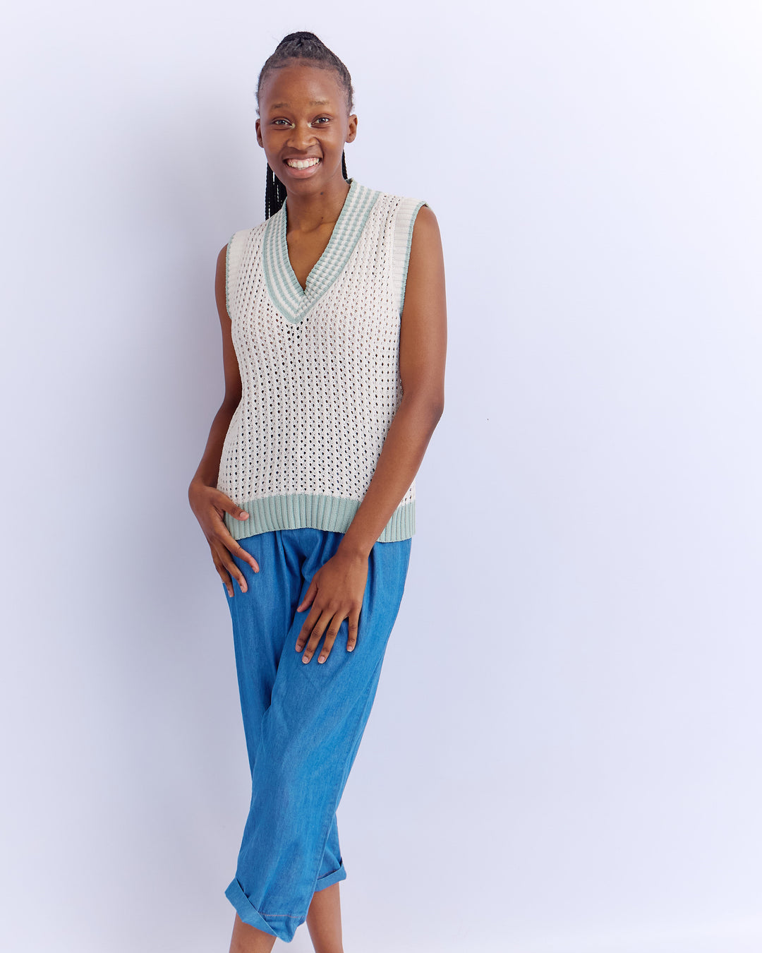 V-NECK CROCHET GILET - NATURAL/SAGE – SenquOnline